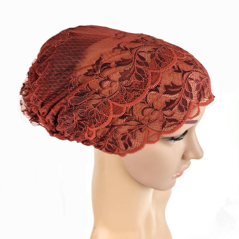 Full Lace Muslim Inner Hijab Caps Flower-Back Islamic Underscarf Hats