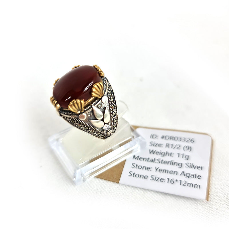 Yemeni Rare Genuine Agate 925 Silver Men's Ring DR03326