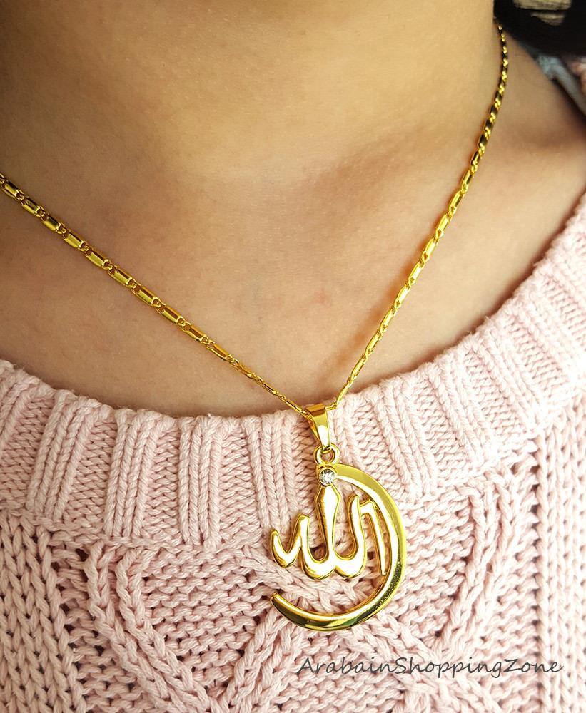 Allah Name Pendant Necklace For Women Silver-Gold Color Zirconia