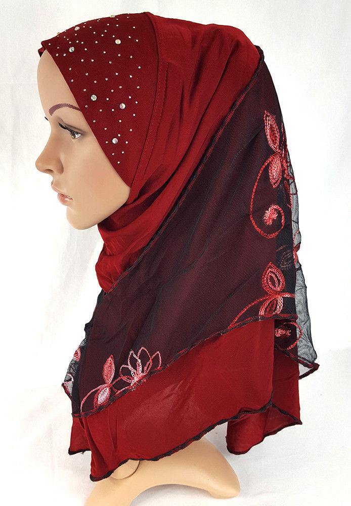 Lace Crystal Hemp Muslim Girl Amira Hijab Islamic Scarf Shawls Perfect Teenagers