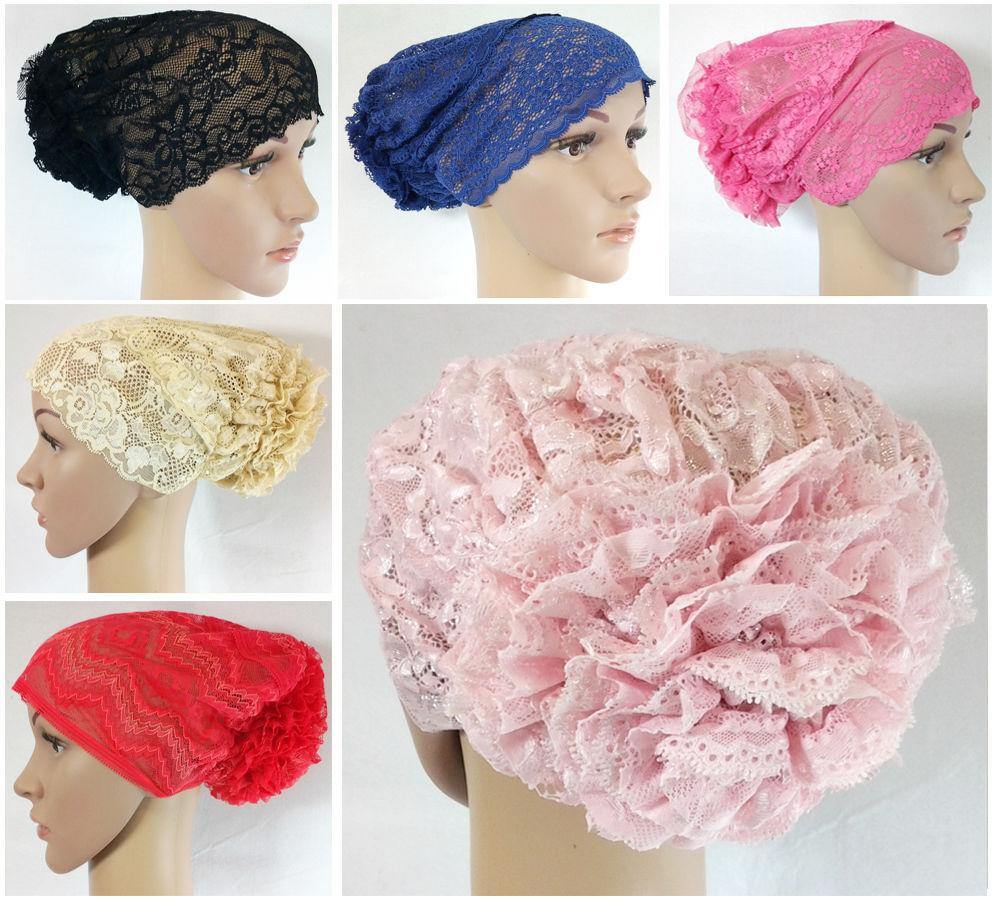 Full Lace Muslim Inner Hijab Caps Flower-Back Islamic Underscarf Hats