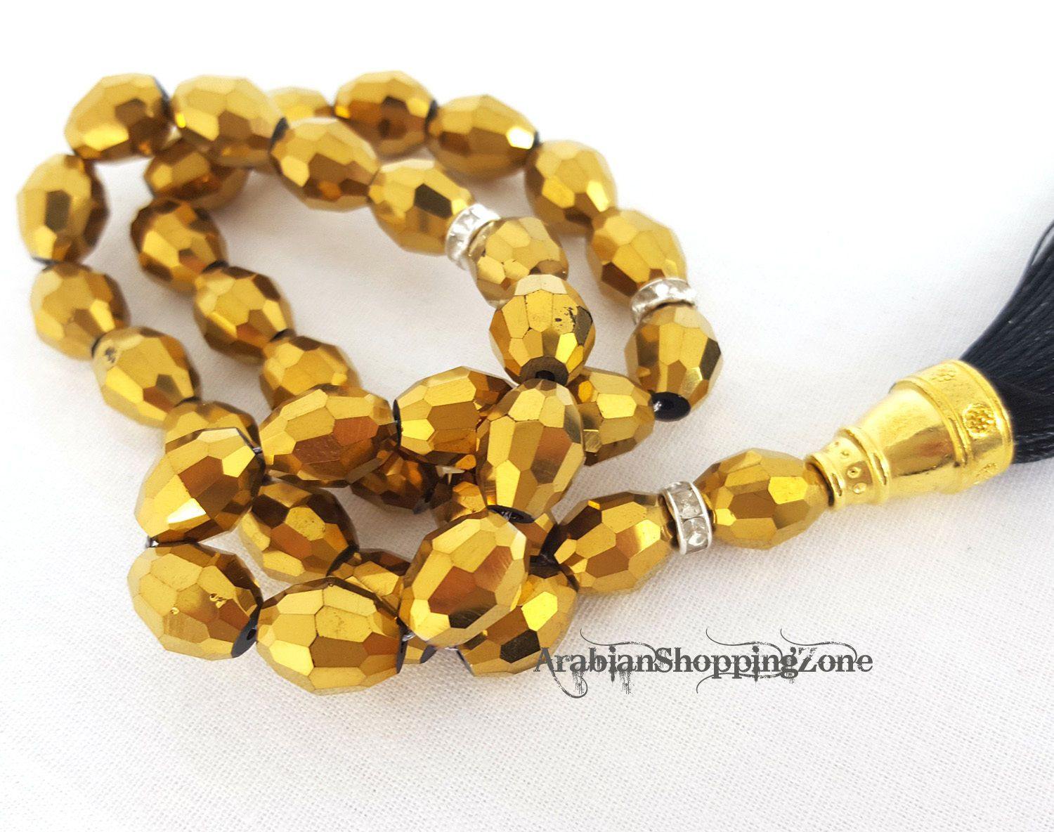 Islamic Salah 12mm Golden Crystal Prayer Beads 33 Mesbaha