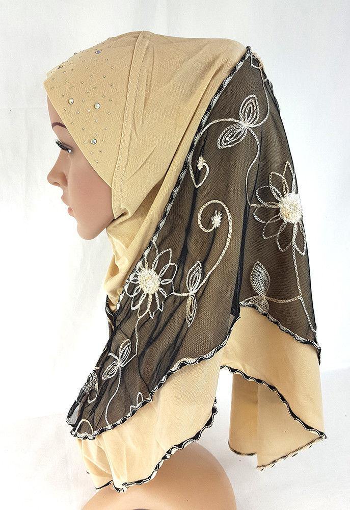 Lace Crystal Hemp Muslim Girl Amira Hijab Islamic Scarf Shawls Perfect Teenagers