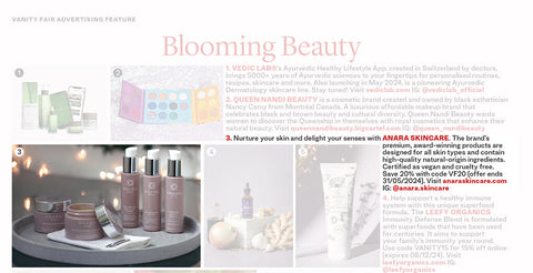 Vanity Fair April 2024 issue featuring Anara Skincare Blooming Beauty section