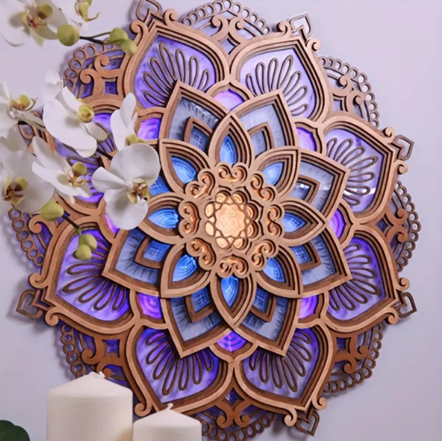 Illuminated Mandala: Multi-Layered Wooden Lotus Night Light
