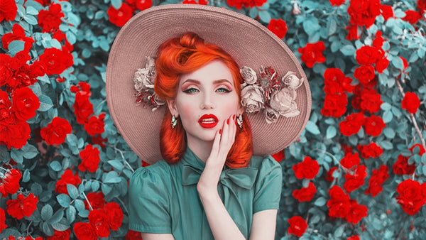 Red-haired woman wearing a hat, showcasing red artificial nails with a red rose backdrop by LT Glow