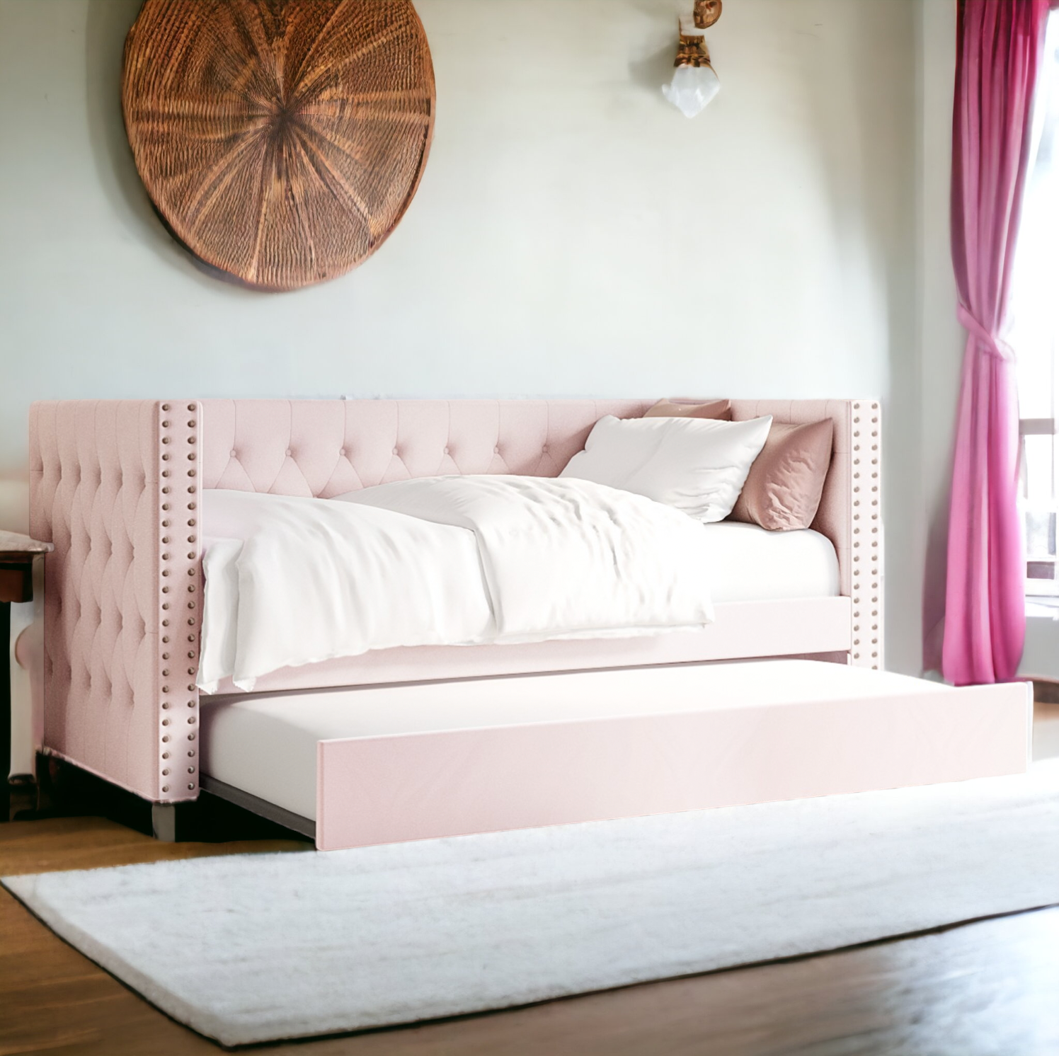 Single Day Bed Sofa with Trundle in Pink by Al Sultan