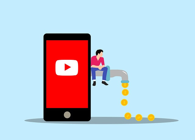 Money pouring out of YouTube app on smartphone