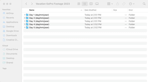 Folder and date-based structure for organizing footage