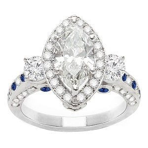 Custom 14K White Gold Marquise Halo Diamond & Sapphire Engagement Ring