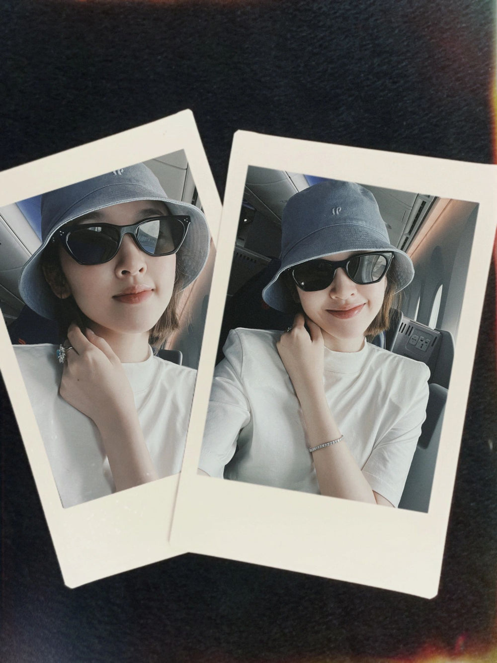 A captivating woman, adorned with a fashionable hat and trendy sunglasses, immortalized in two polaroid photographs. A vision of sophistication. 