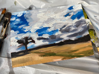 Lockdown Painting by Rebecca Hurst of a field and tree.