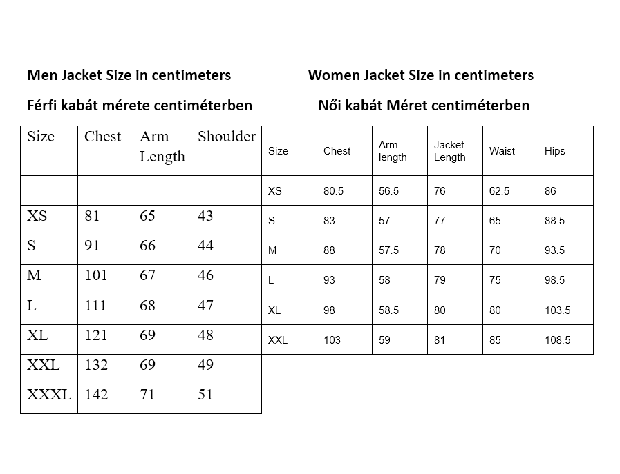 Size Chart Leather Jackets GarmentsX