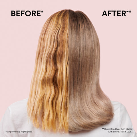 Before and after back of head shot of a blonde haired model featuring Wella Professionals Shinefinity. Before features a dull looking blonde with uneven tone. After shows and even tone with a silky, shiny finish.