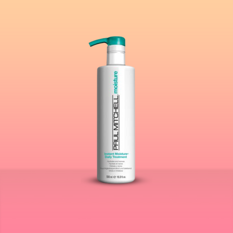 Product image of Paul Mitchell Instant Miracle Treatment. Bottle is white, with black text on gradient red and orange background.