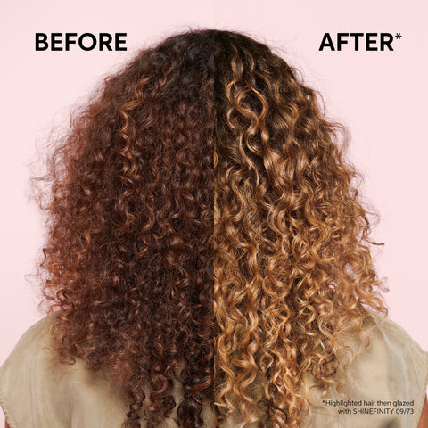 Before and after head shot of a frizzy, curly haired model featuring Wella Professionals Shinefinity. Before image shows frizzy hair with a dull brunette tone. After image shows lightened hair which looks healthy and shiny, and brings out the definition of the curls.