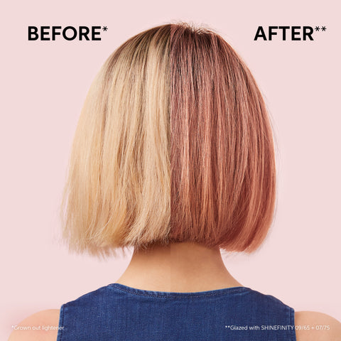 Before and after hair shot with Wella Professionals Shinefinity. Hair has been tinted from a muted blonde, to a dusty pink using a zero damage formula.