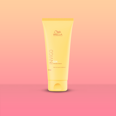 Product image of Wella Professionals Invigio Sun Care Conditioner. Bottle is bright yellow on gradient red and orange background.