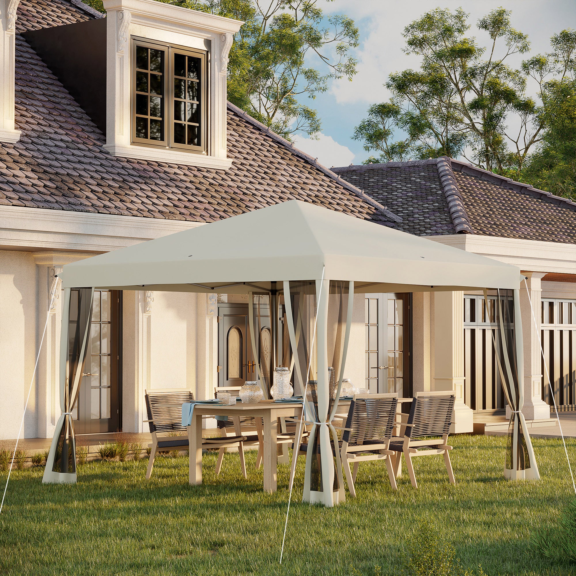 10' x 10' pop up canopy tent with netting, instant gazebo, ez up screen house room with carry bag, height adjustable beige