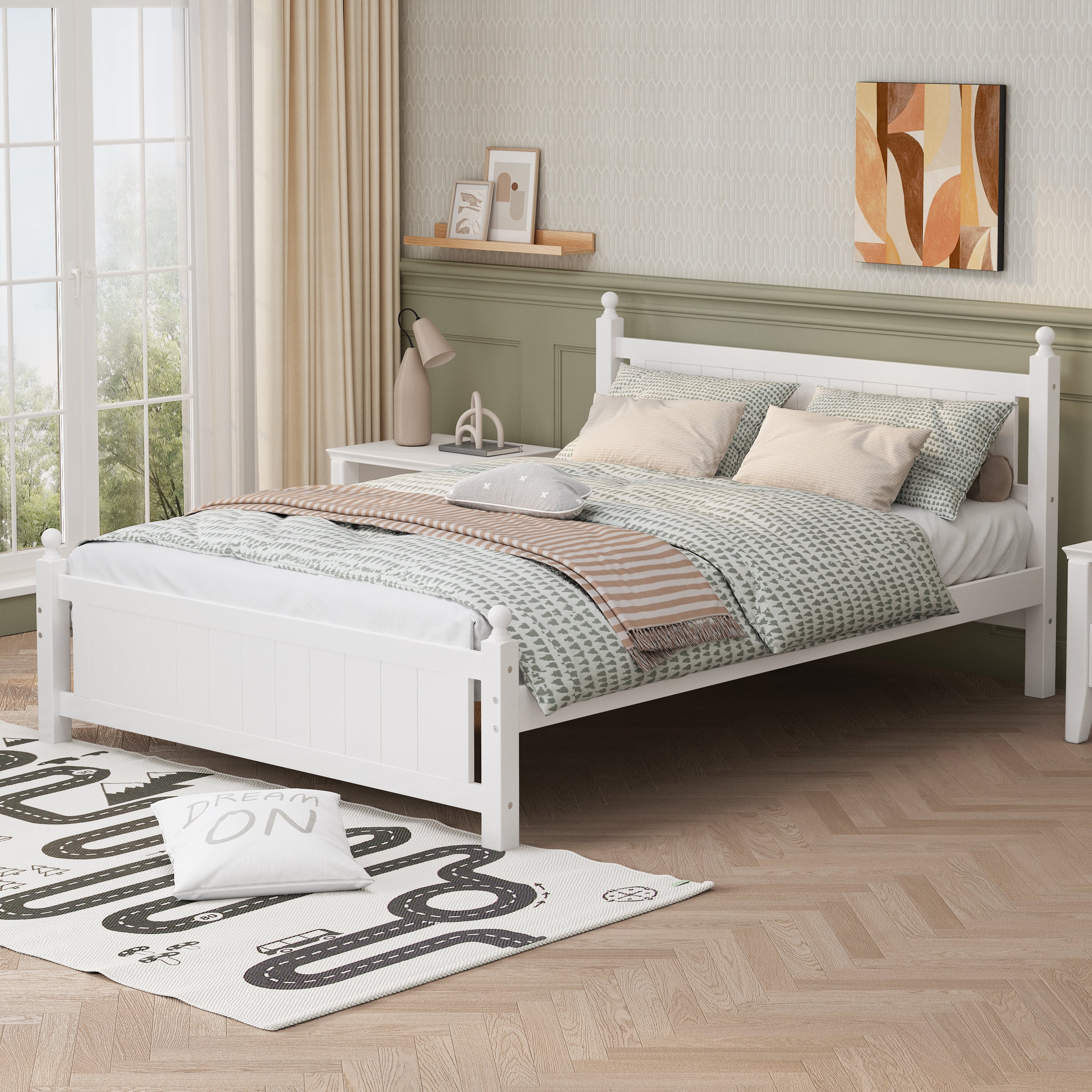 Queen size solid wood platform bed frame , white