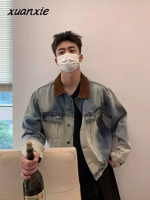 and Style Distressed Denim Jacket Korean Style Premium Contrast Color Casual Lapel Clothing Y2k - Omcne
