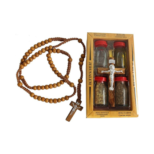 Holy Land Market Set 6 in 1 Olive Wood Cross Set with 4 Bottles