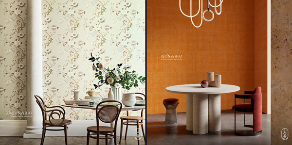 Giấy dán tường châu Âu Coordonne hoa tiết hoa nhỏ đặc trưng của phong cách cổ điển và Giấy dán tường châu Âu ARTE màu cam phù hợp với phong cách hiện đại và cá tính