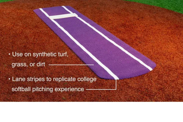 Portolite Signature Non-Skid Softball Pitching Mat designed for use on synthetic turf, grass, or dirt, featuring lane stripes for an authentic college softball pitching experience.