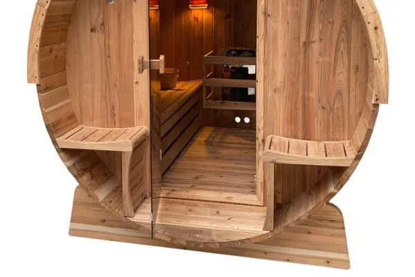 Outdoor Rustic Cedar Barrel Steam Sauna visible interior with lights on