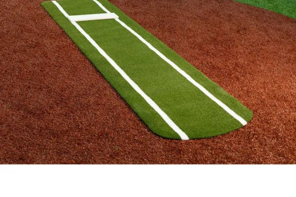 Portolite Ultimate Spiked Softball Pitching Mat featuring durable, synthetic turf with white guidelines, designed for training and enhancing pitching skills in softball.