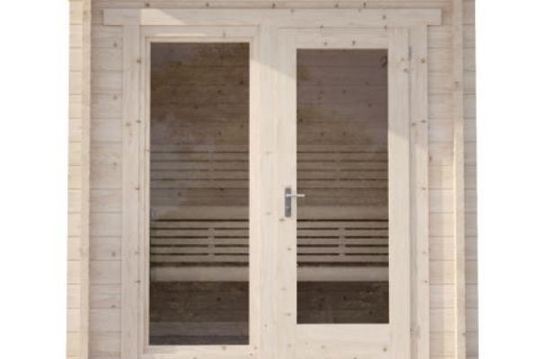 SaunaLife Model G4 Outdoor Home Sauna Kit - Front view of wooden sauna with glass door