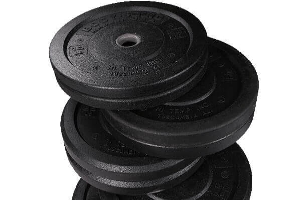 Body-Solid 260lb USA Premium Rubber Bumper Plate Set OBPH260 - weights on stack in black color