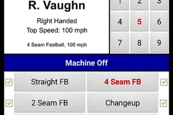 Spinball iPitch 3 Wheel Pitching Machine interface displaying settings for various pitch types.