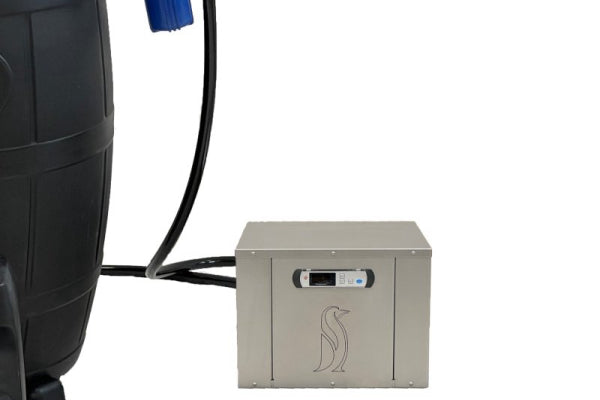 Ice Barrel & Penguin Chiller Bundle - a black barrel with a blue handle and a silver box