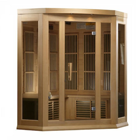 Maxxus 3-Person Corner Infrared Sauna - wooden room with panels and bench