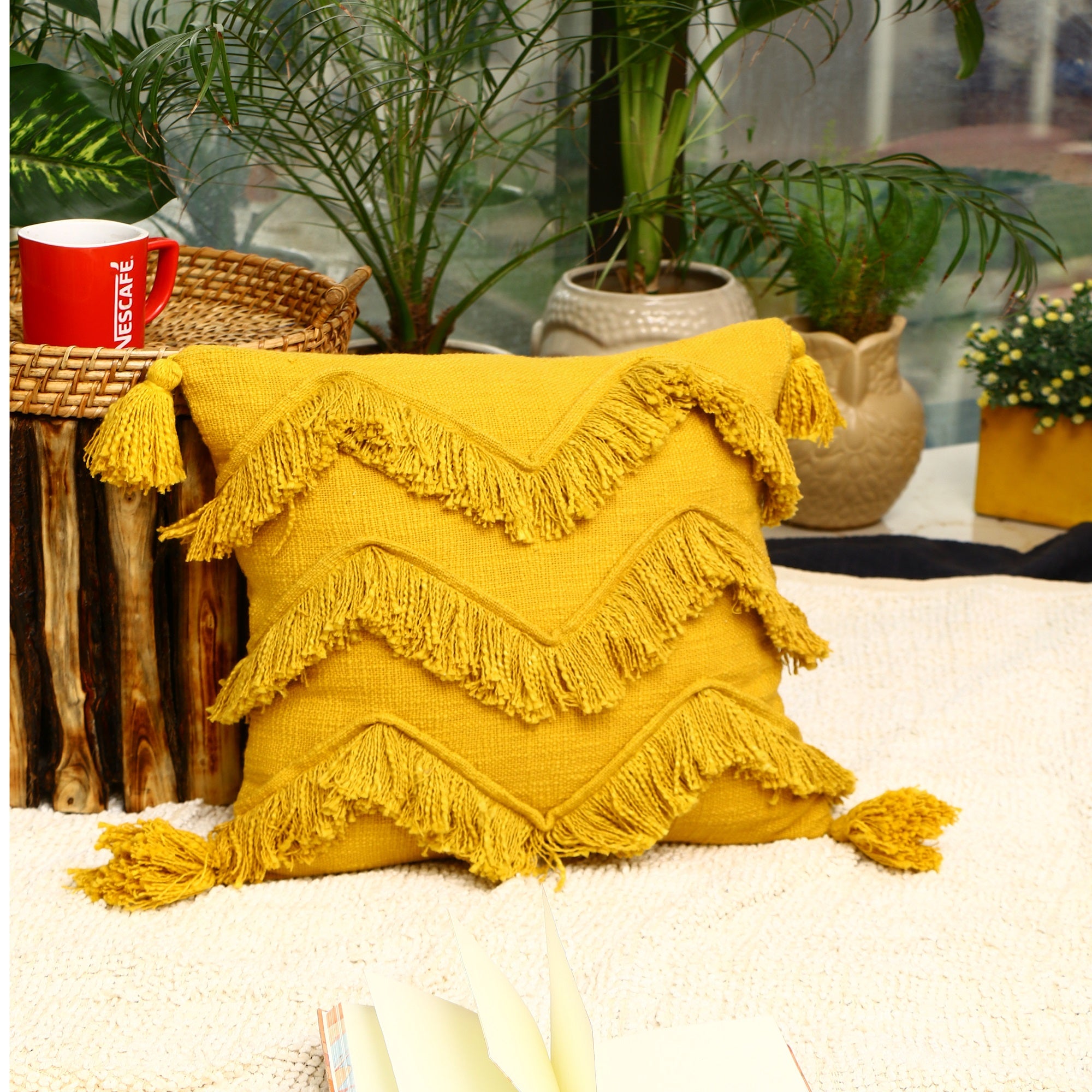 Beige moroccan tassel lumbar pillow cover