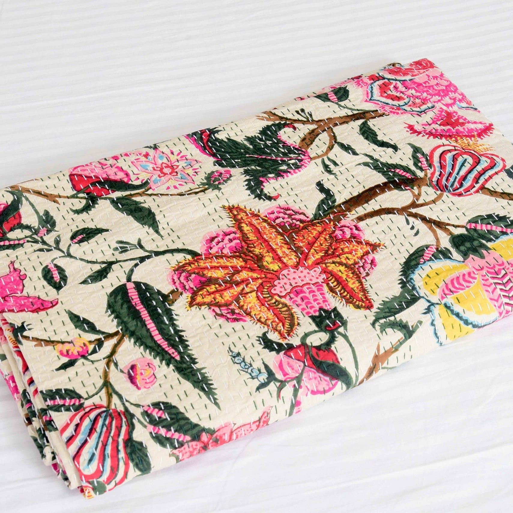 Linen Connections Vintage Handmade Kantha Floral Cotton Quilt Throw Be