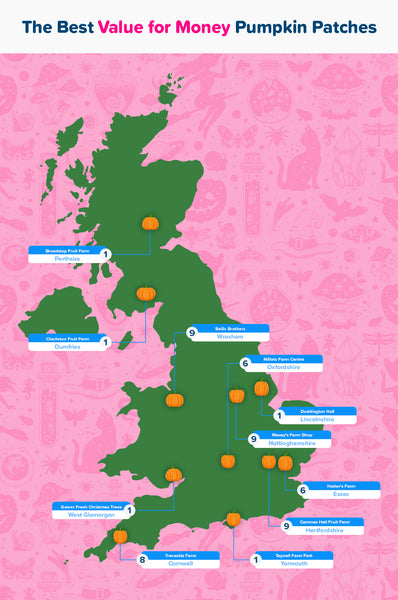 A map showing the best value for money pumpkin patches in the UK