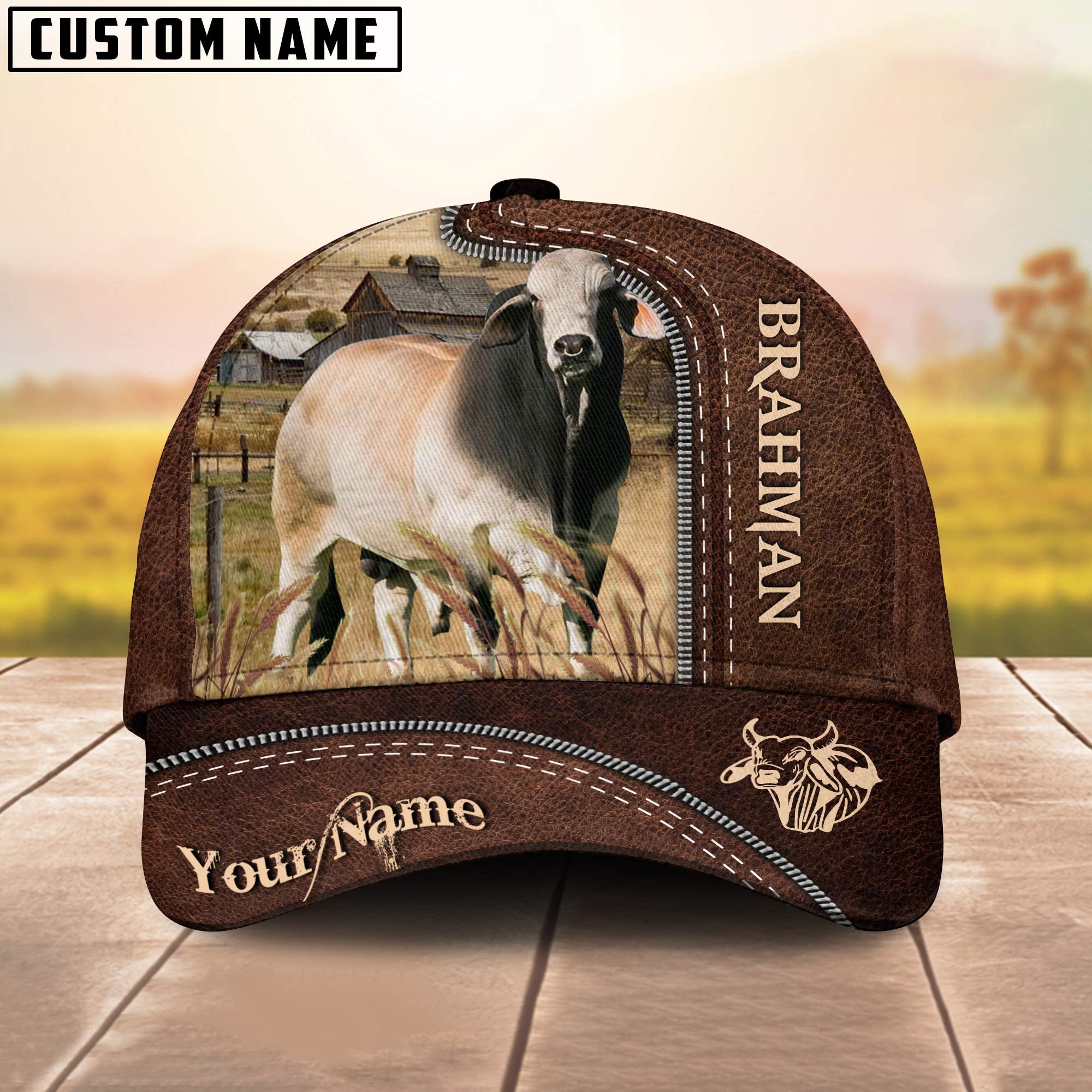 Uni Brahman Customized Name Leather Pattern Cap