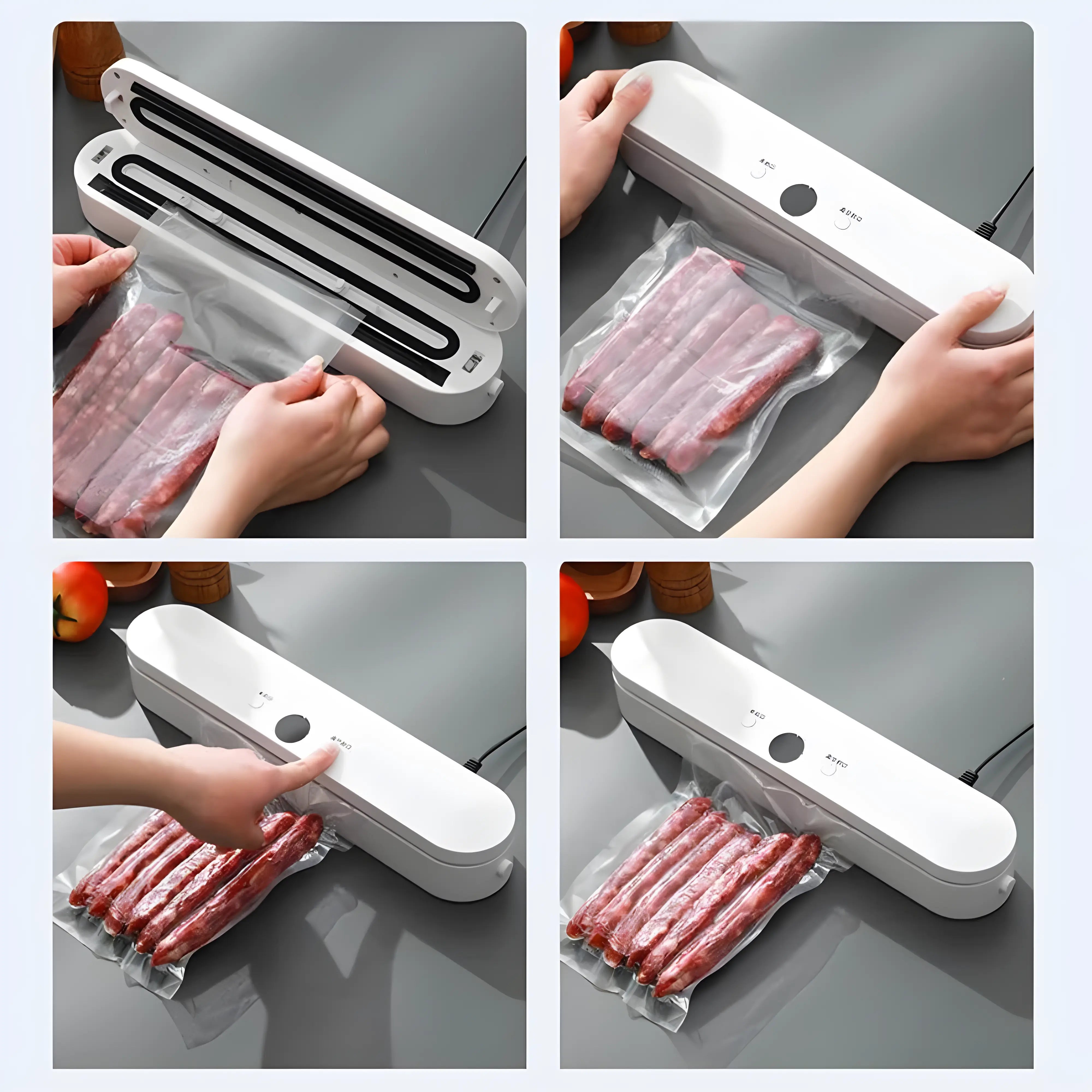 Imagine care ilustrează procesul de vidare a pungilor în 4 etape: 1. Cum se așează corect punga în clemele aparatului, 2. Închiderea corectă a aparatului, 3. Vidarea pungii, 4. Punga vidată.