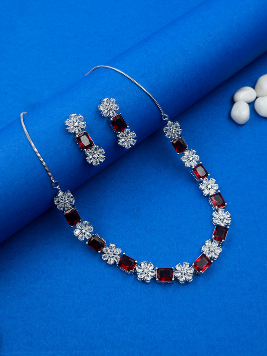 Exquisite Red Flower Motif CZ Sleek Necklace Set