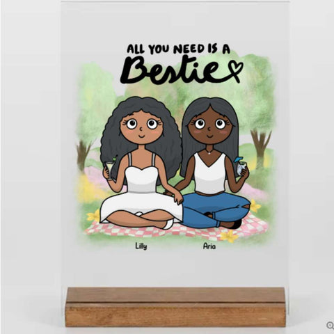 Personalisierte Geschenke Freundin - Individuelle Geschenke - Acryl Adventure - all you need is a bestie - schwarze haare - weißes shirt