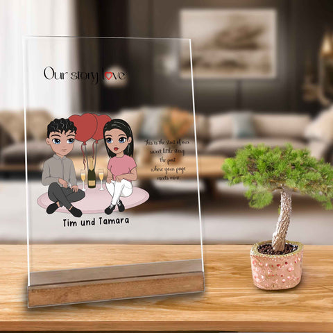 Romantisches Geschenk Freundin - Acrylglas Aufsteller - Wohnzimmer im Hintergrund mit Mammutbaum als Dekoration