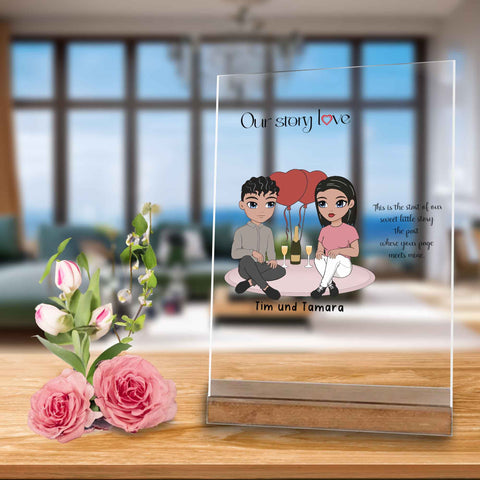 Romantisches Geschenk Freundin - Acrylglas Aufsteller - Wohnzimmer mit Meerblick im Hintergrund - Rose als Dekoration