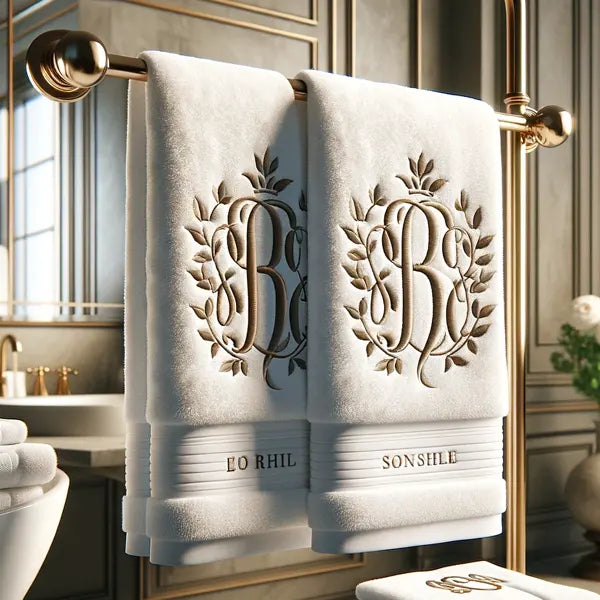 A pair of customised engagement gift towels, with the initials M and B