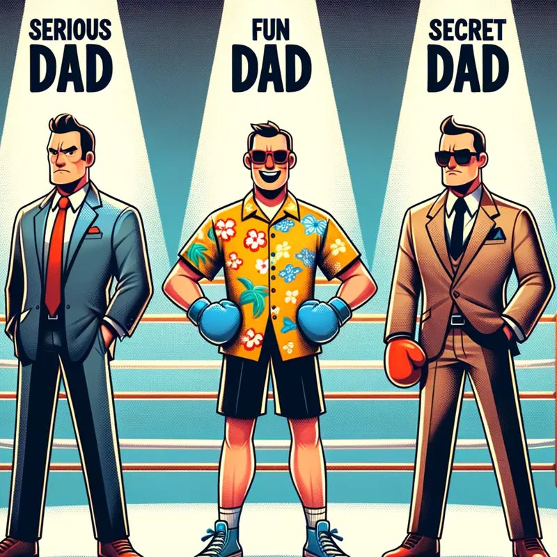 Three dads lined up in a boxing style arena, for the hip flask face off