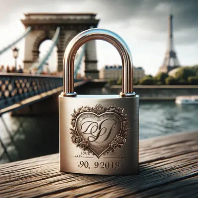 An engraved padlock on a city background, a potential engagement gift
