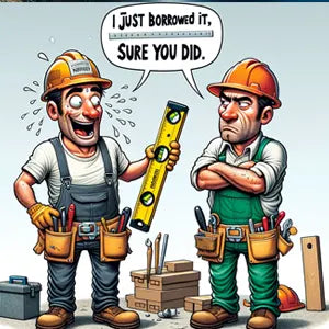 Fun cartoon of builder catching someone with his personalised tool