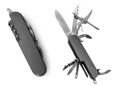 Engraved Knife multi-tool, isolated on white background.