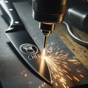 Chef knife being laser engraved